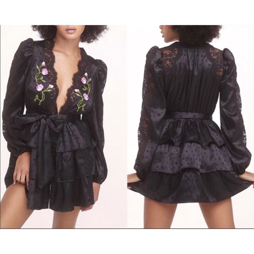 For Love & Lemons Black Fleur Jacquard Lace Plunge Neck Mini Robe Dress Medium - Picture 7 of 7